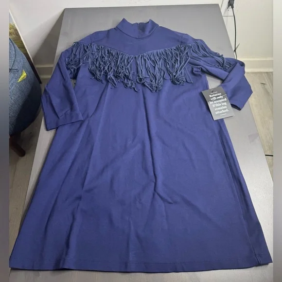Tuckernuck Dress Women Navy Blue Cowgirl Suede Fringe Long Sleeve NWT - Picture 2 of 8